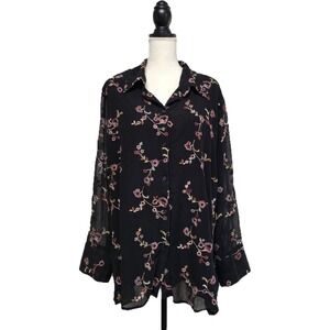 Studio C Black Floral Embroidered Button Front Shirt Size 22/24 Dark Cottagecore